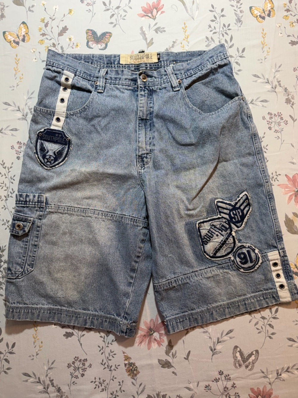 Southpole Denim Cargo Jorts Mens 36 Vintage 90s Y2K Baggy Hip Hop Embroidered